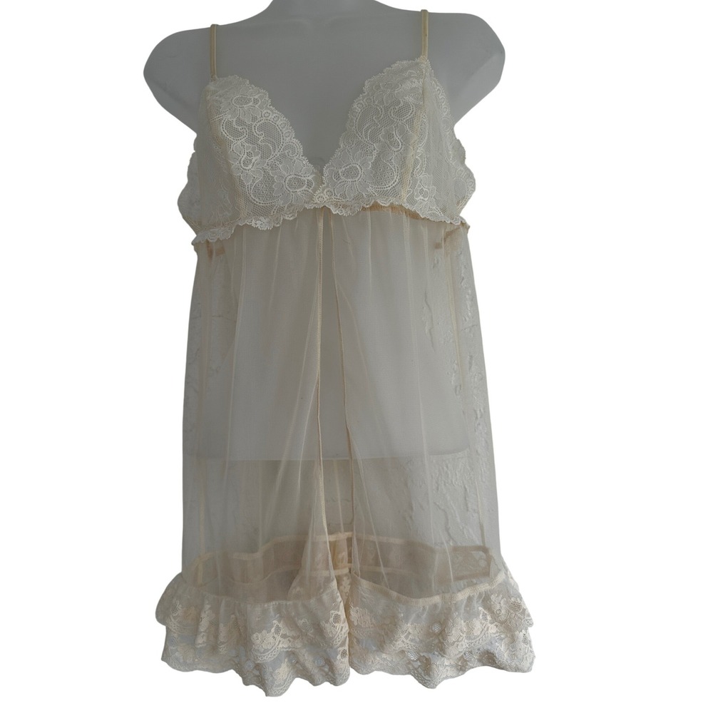 Victoria's Secret Cream‎ Sheer Lace Mesh Babydoll Chemise Medium Coquette Fairy